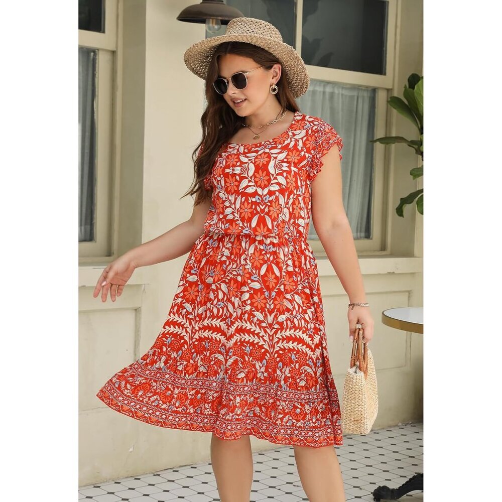 Plus Size Wedding Guest Midi Dress Floral Tiered Boho Sundress with Pockets - Picture 3 of 7